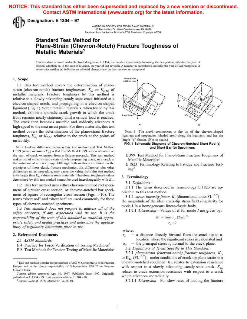 ASTM E1304-97 - Standard Test Method for Plane-Strain (Chevron-Notch) Fracture Toughness of Metallic Materials