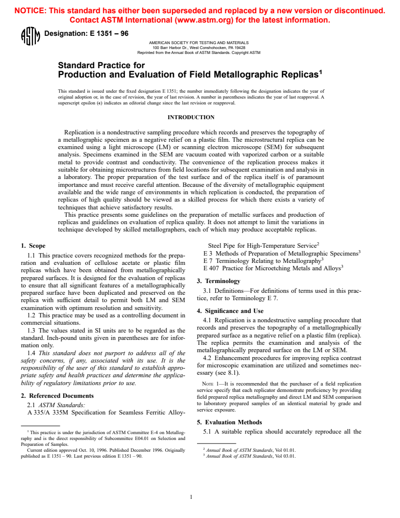 ASTM E1351-96 - Standard Practice for Production and Evaluation of Field Metallographic Replicas