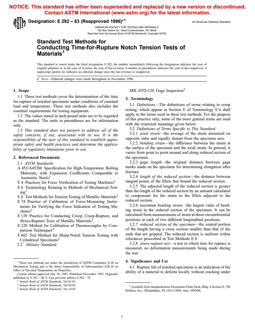 ASTM E292-83(1996)e1 - Standard Test Methods for Conducting Time-for-Rupture Notch Tension Tests of Materials