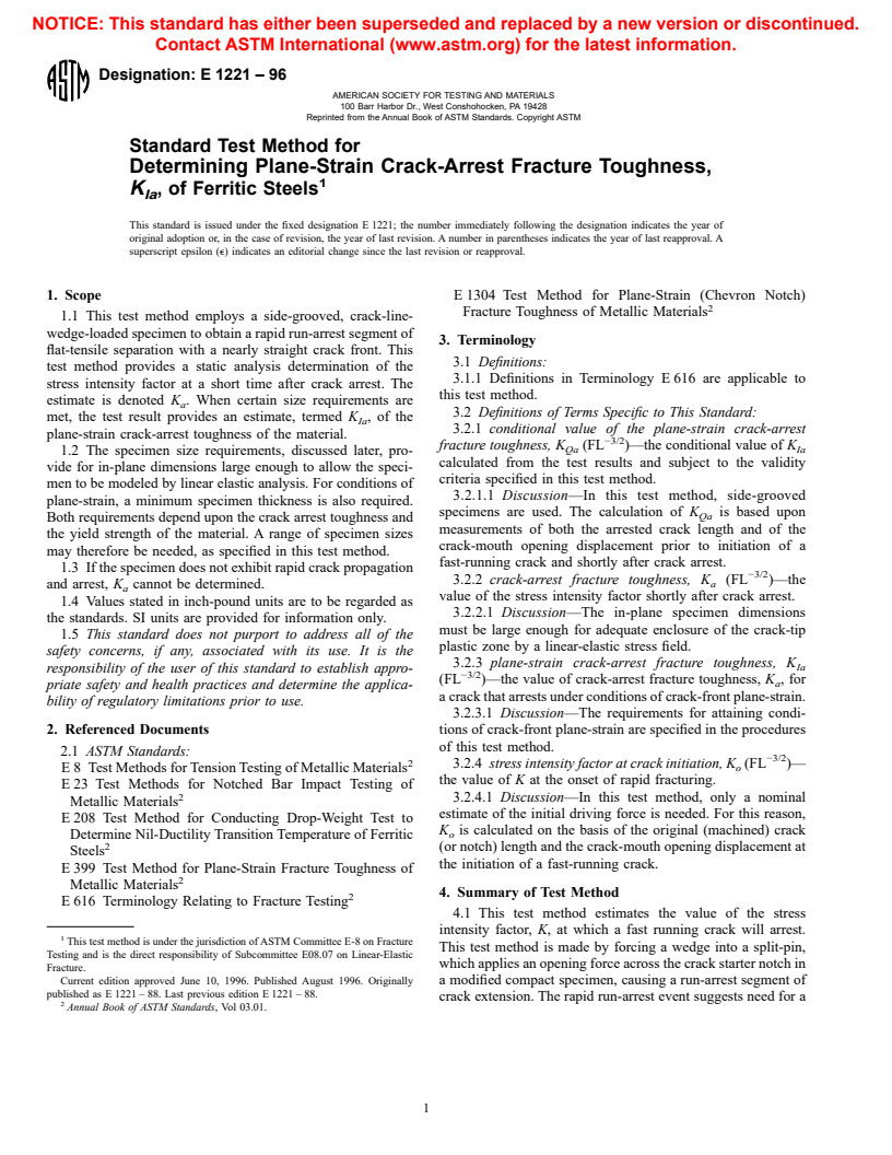 ASTM E1221-96 - Standard Test Method for Determining Plane-Strain Crack-Arrest Fracture Toughness, K<sub>Ia</sub>, of Ferritic Steels