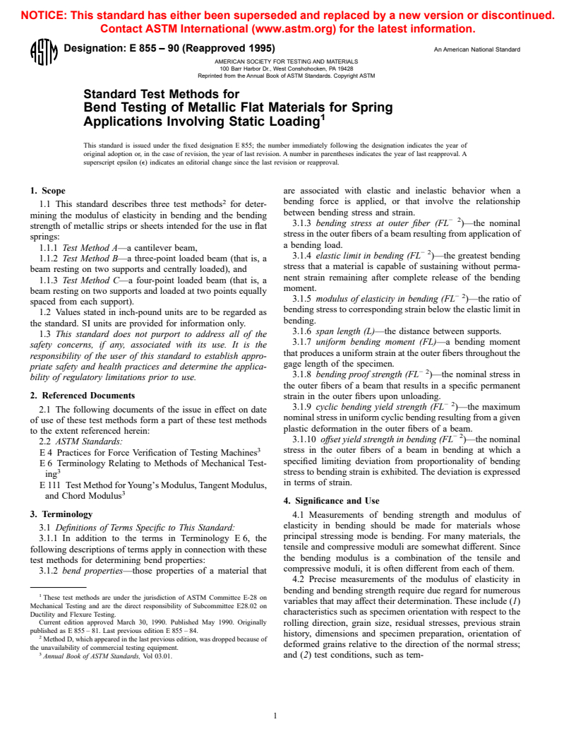 ASTM E855-90(1995) - Standard Test Methods for Bend Testing of Metallic Flat Materials for Spring Applications Involving Static Loading