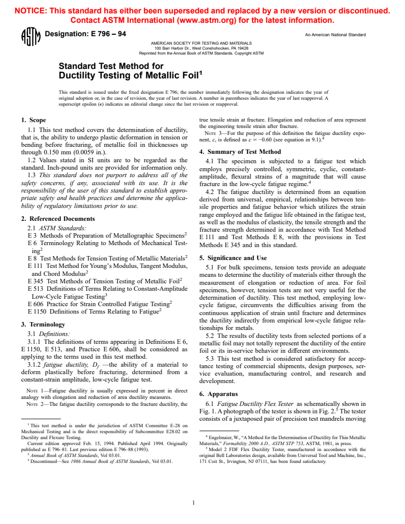 ASTM E796-94 - Standard Test Method for Ductility Testing of Metallic Foil