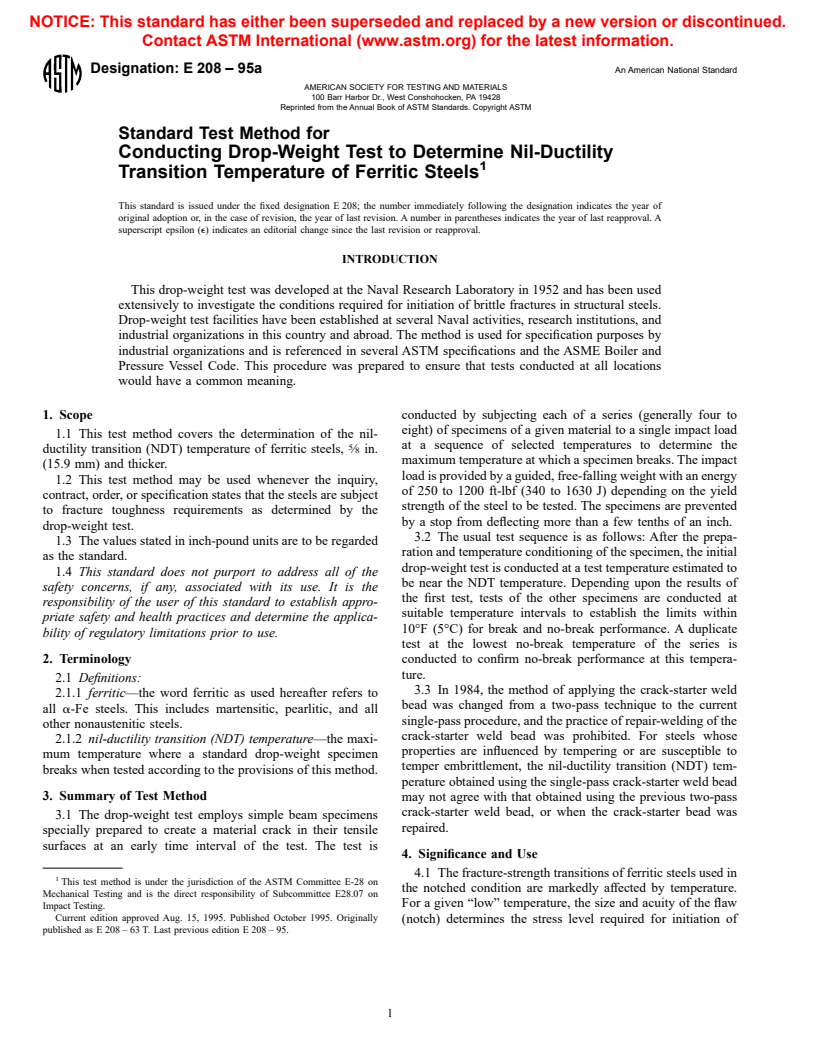 ASTM E208-95a - Standard Test Method for Conducting Drop-Weight Test to Determine Nil-Ductility Transition Temperature of Ferritic Steels