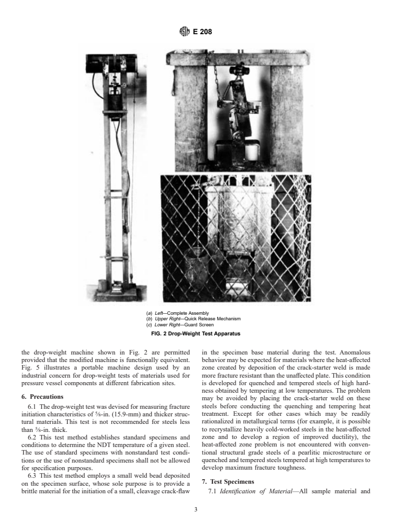 ASTM E208-95a - Standard Test Method for Conducting Drop-Weight Test to Determine Nil-Ductility Transition Temperature of Ferritic Steels