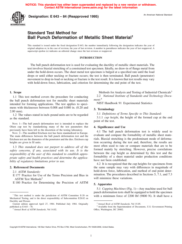 ASTM E643-84(1995) - Standard Test Method for Ball Punch Deformation of Metallic Sheet Material