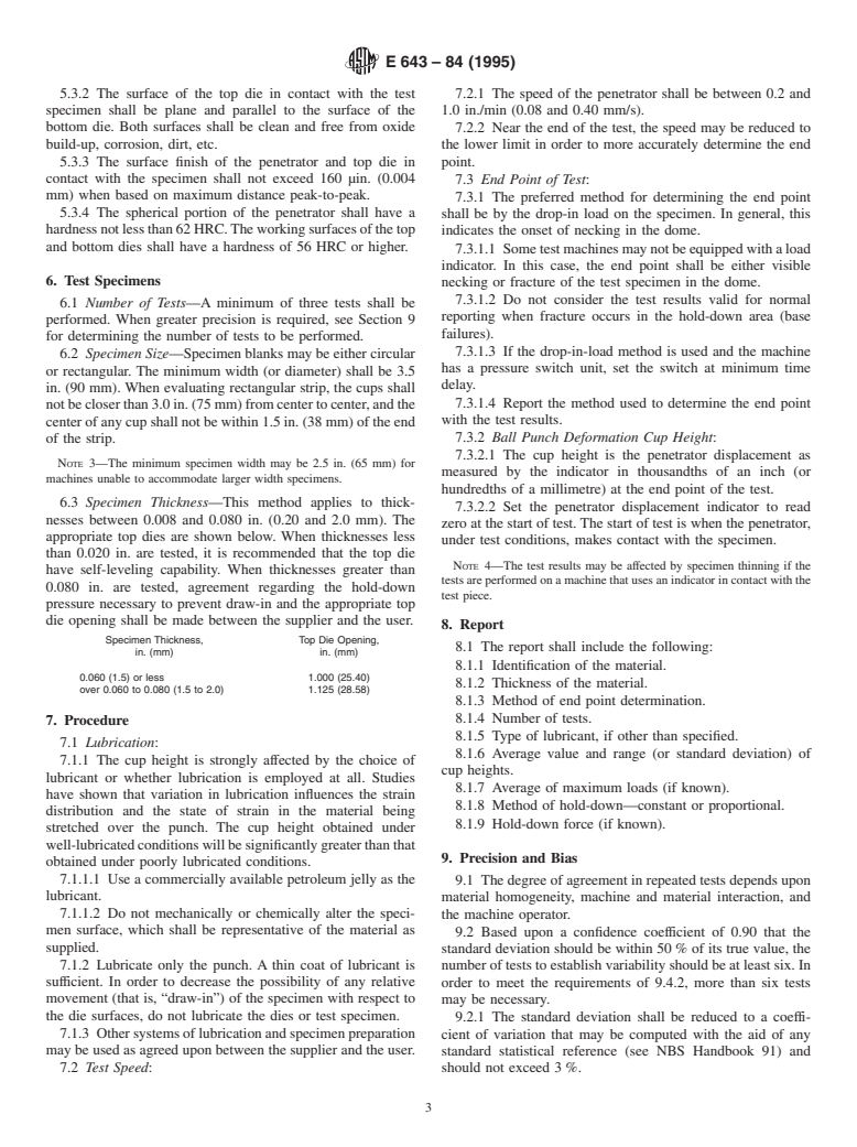 ASTM E643-84(1995) - Standard Test Method for Ball Punch Deformation of Metallic Sheet Material