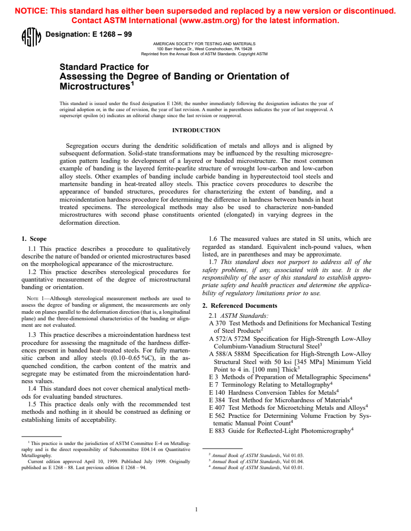 ASTM E1268-99 - Standard Practice for Assessing the Degree of Banding or Orientation of Microstructures