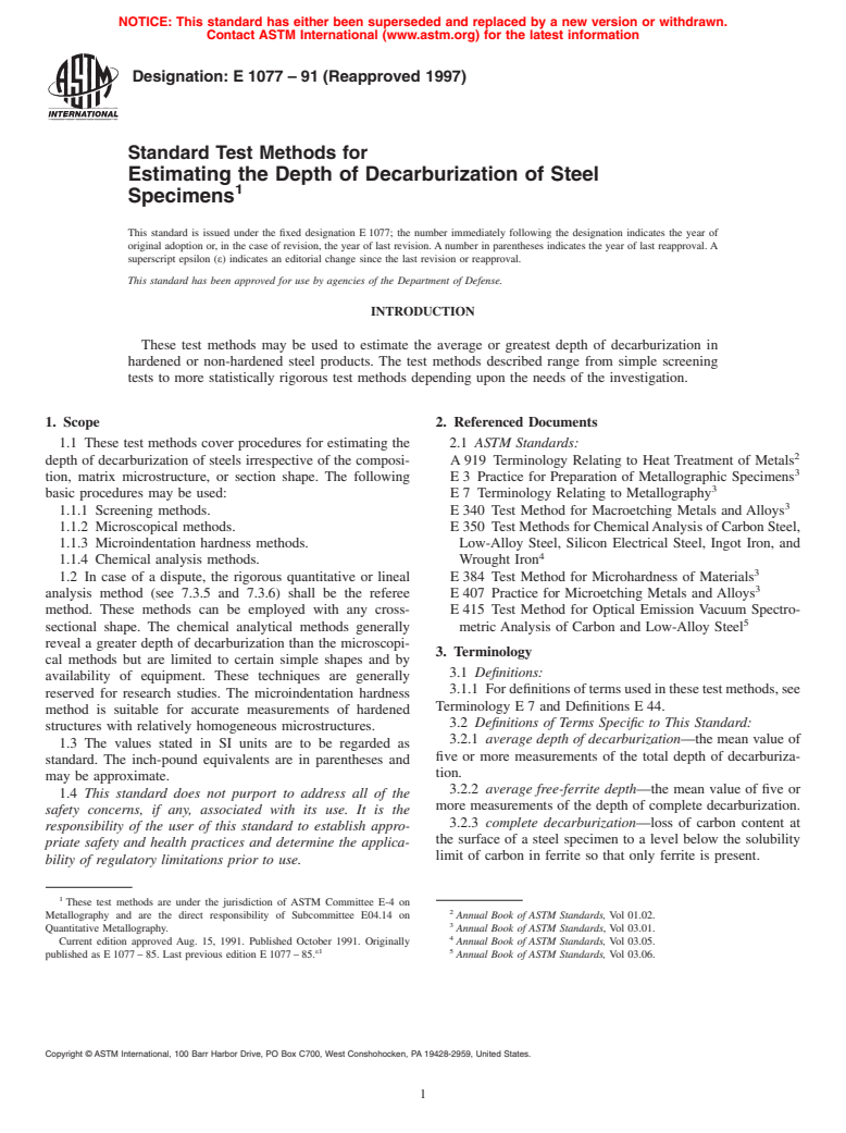 ASTM E1077-91(1997) - Standard Test Methods for Estimating the Depth of Decarburization of Steel Specimens