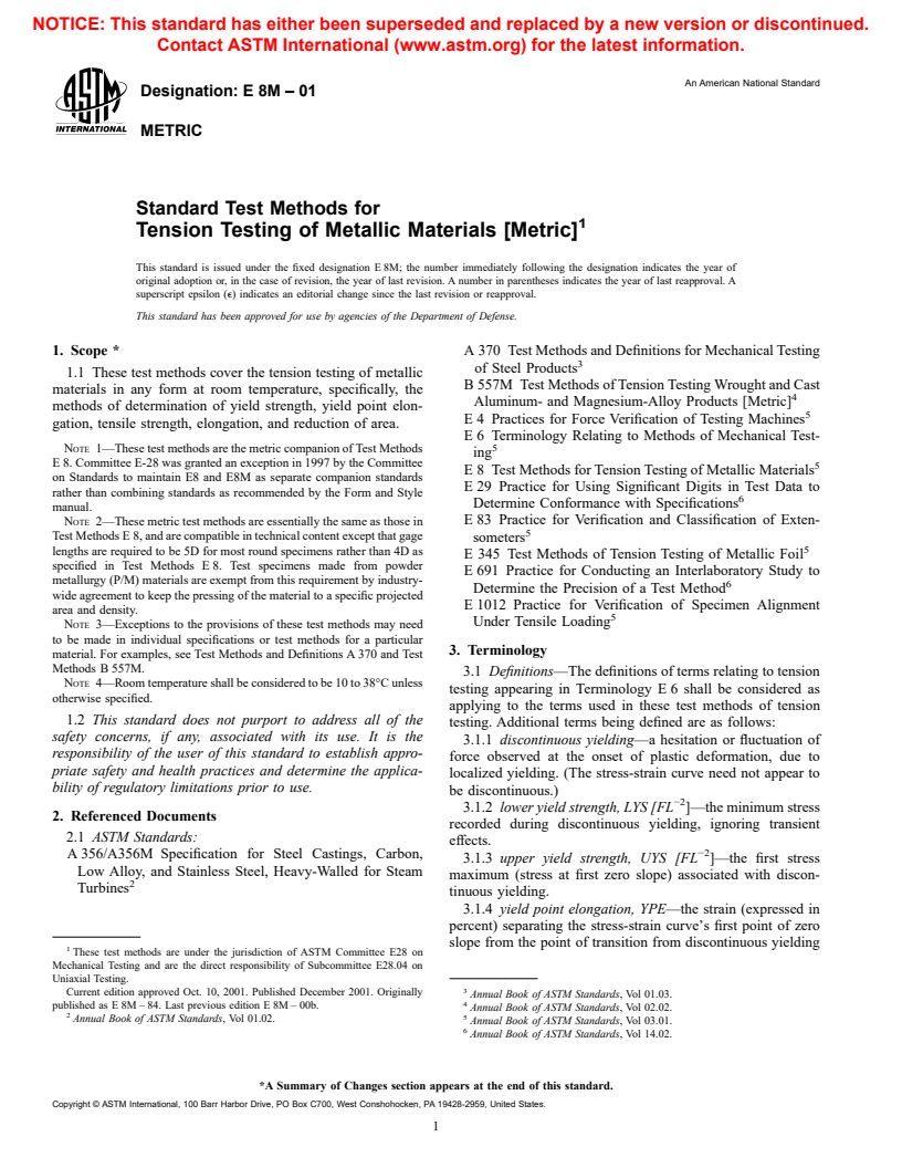 ASTM E8M-01 - Standard Test Methods for Tension Testing of Metallic Materials [Metric]