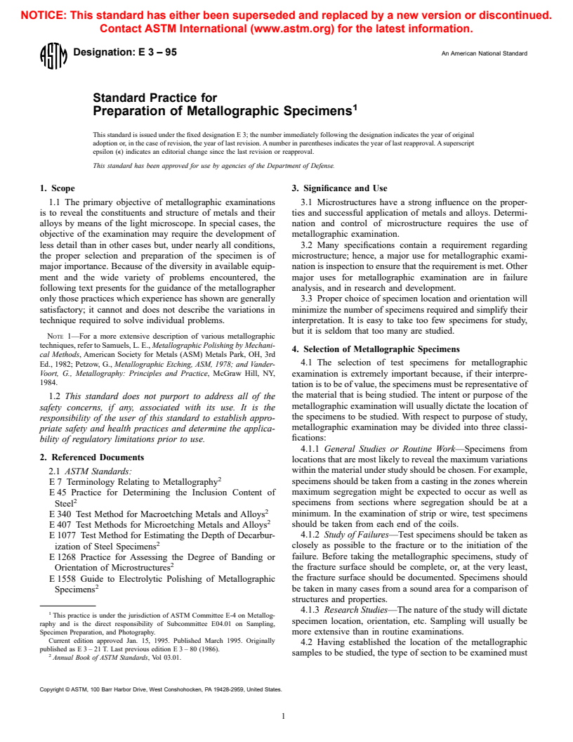 ASTM E3-95 - Standard Practice for Preparation of Metallographic Specimens