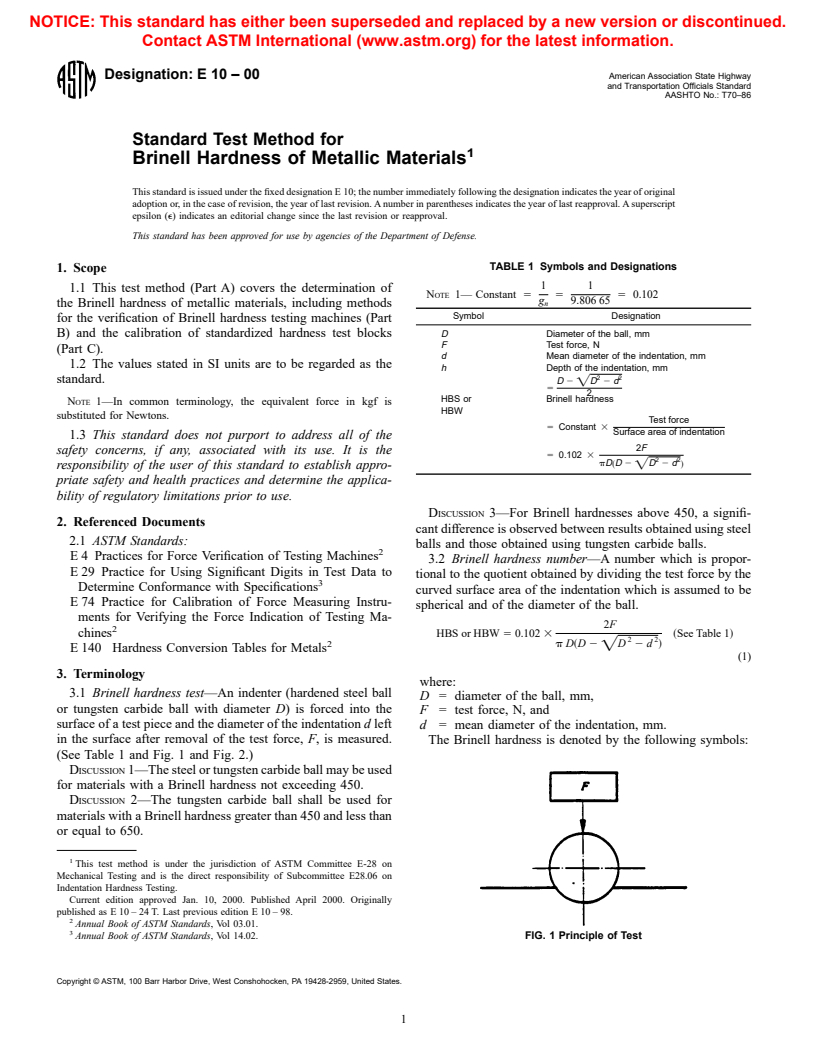 ASTM E10-00 - Standard Test Method for Brinell Hardness of Metallic Materials