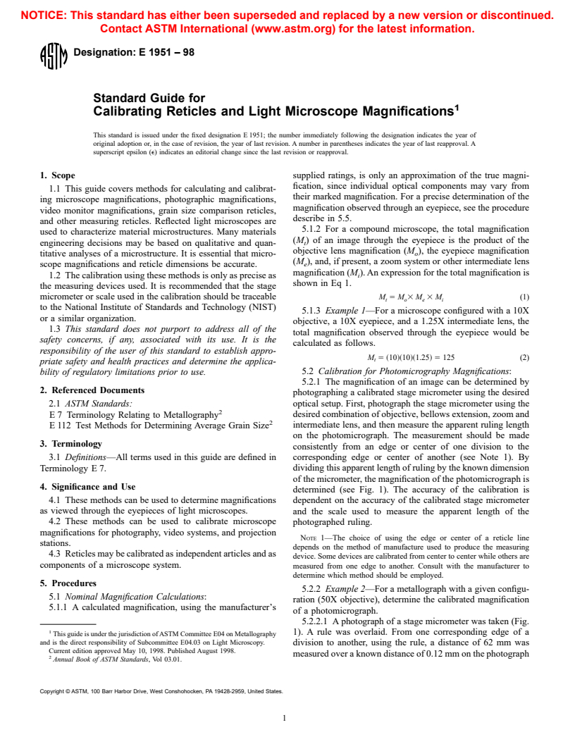 ASTM E1951-98 - Standard Guide for Calibrating Reticles and Light Microscope Magnifications