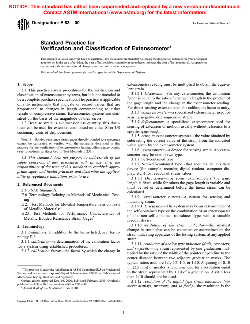 ASTM E83-00 - Standard Practice for Verification and Classification of Extensometer