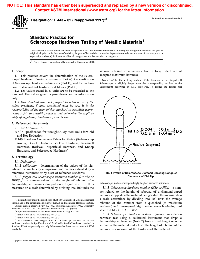 ASTM E448-82(1997)e1 - Standard Practice for Scleroscope Hardness Testing of Metallic Materials