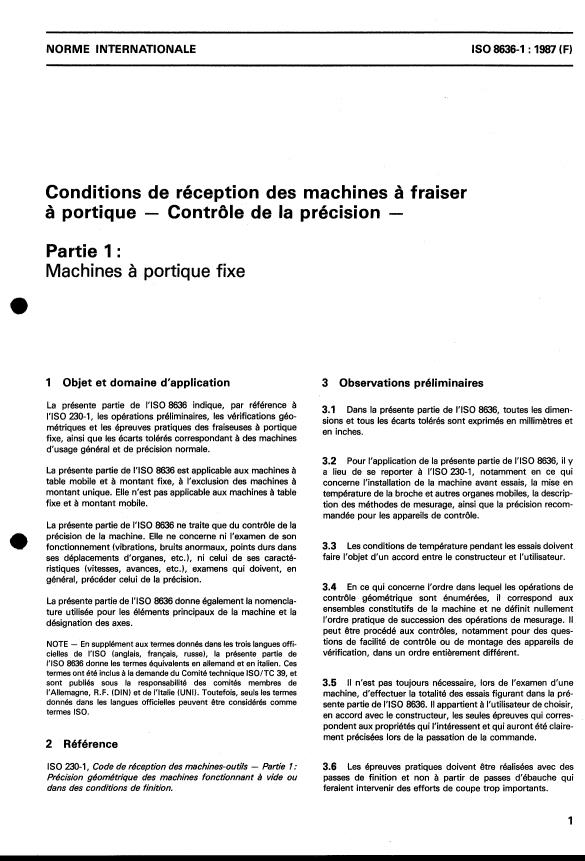 ISO 8636-1:1987 - Conditions de réception des machines a fraiser a portique -- Contrôle de la précision