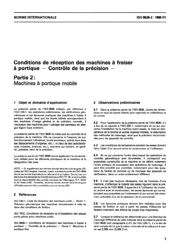 ISO 8636-2:1988 - Conditions de réception des machines a fraiser a portique -- Contrôle de la précision