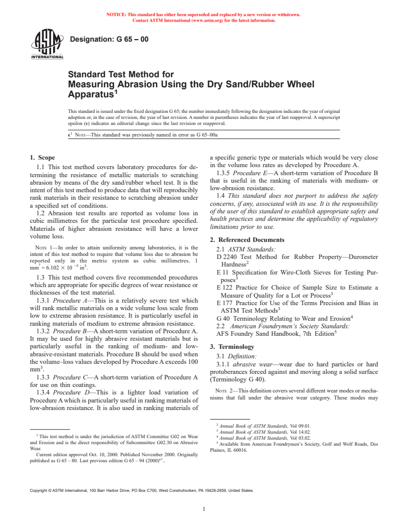 ASTM G65-00 - Standard Test Method for Measuring Abrasion Using the Dry Sand/Rubber Wheel Apparatus