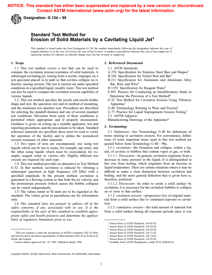 ASTM G134-95 - Standard Test Method for Erosion of Solid Materials by a Cavitating Liquid Jet