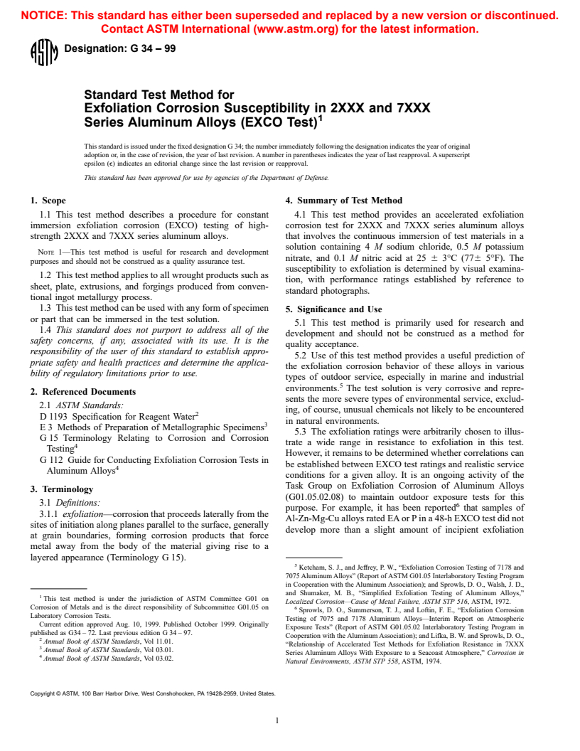 ASTM G34-99 - Standard Test Method for Exfoliation Corrosion Susceptibility in 2XXX and 7XXX Series Aluminum Alloys (EXCO Test)