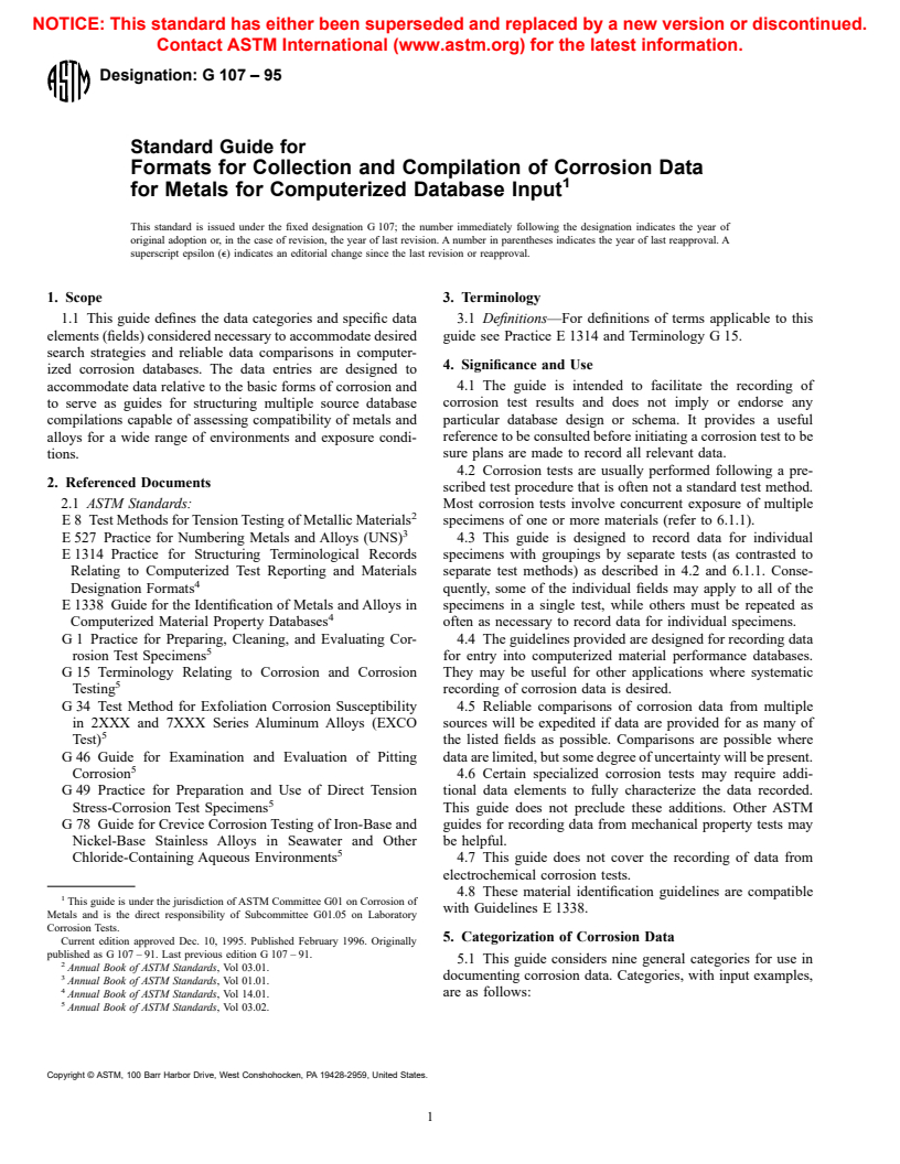 ASTM G107-95 - Standard Guide for Formats for Collection and Compilation of Corrosion Data for Metals for Computerized Database Input