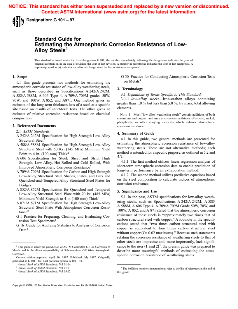 ASTM G101-97 - Standard Guide for Estimating the Atmospheric Corrosion Resistance of Low-Alloy Steels