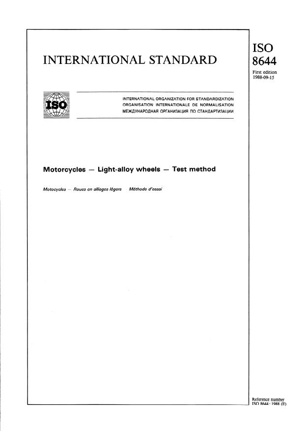 ISO 8644:1988 - Motorcycles -- Light-alloy wheels -- Test method