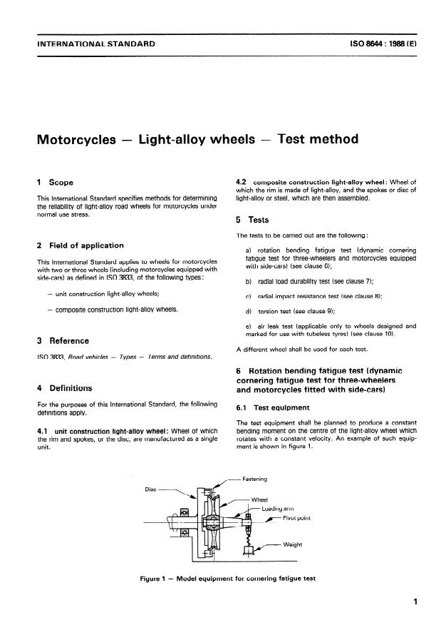 ISO 8644:1988 - Motorcycles -- Light-alloy wheels -- Test method