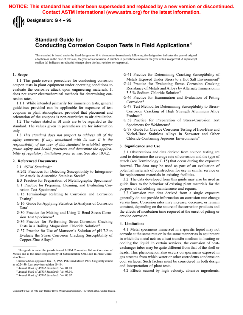 ASTM G4-95 - Standard Guide for Conducting Corrosion Coupon Tests in Field Applications