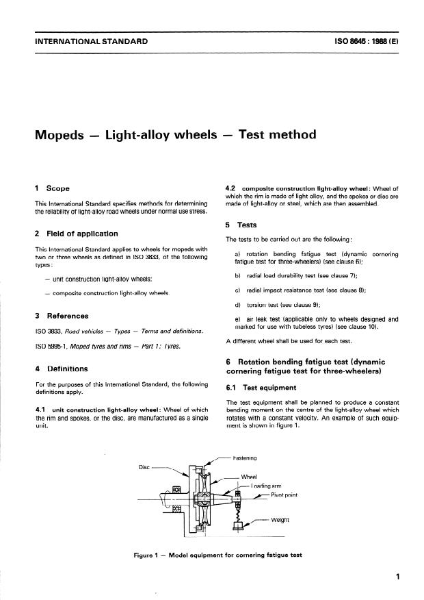 ISO 8645:1988 - Mopeds -- Light-alloy wheels -- Test method