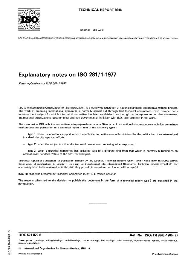 ISO/TR 8646:1985 - Explanatory notes on ISO 281/1-1977