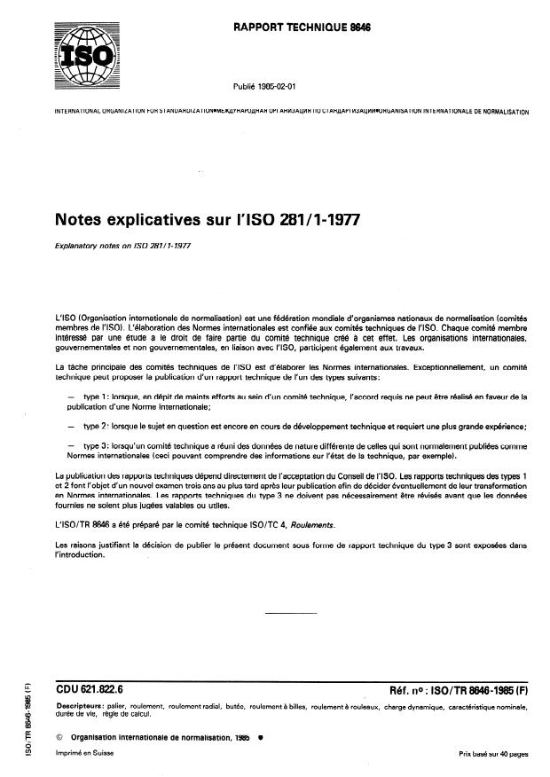 ISO/TR 8646:1985 - Notes explicatives sur l'ISO 281/1-1977