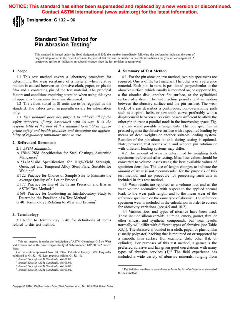 ASTM G132-96 - Standard Test Method for Pin Abrasion Testing