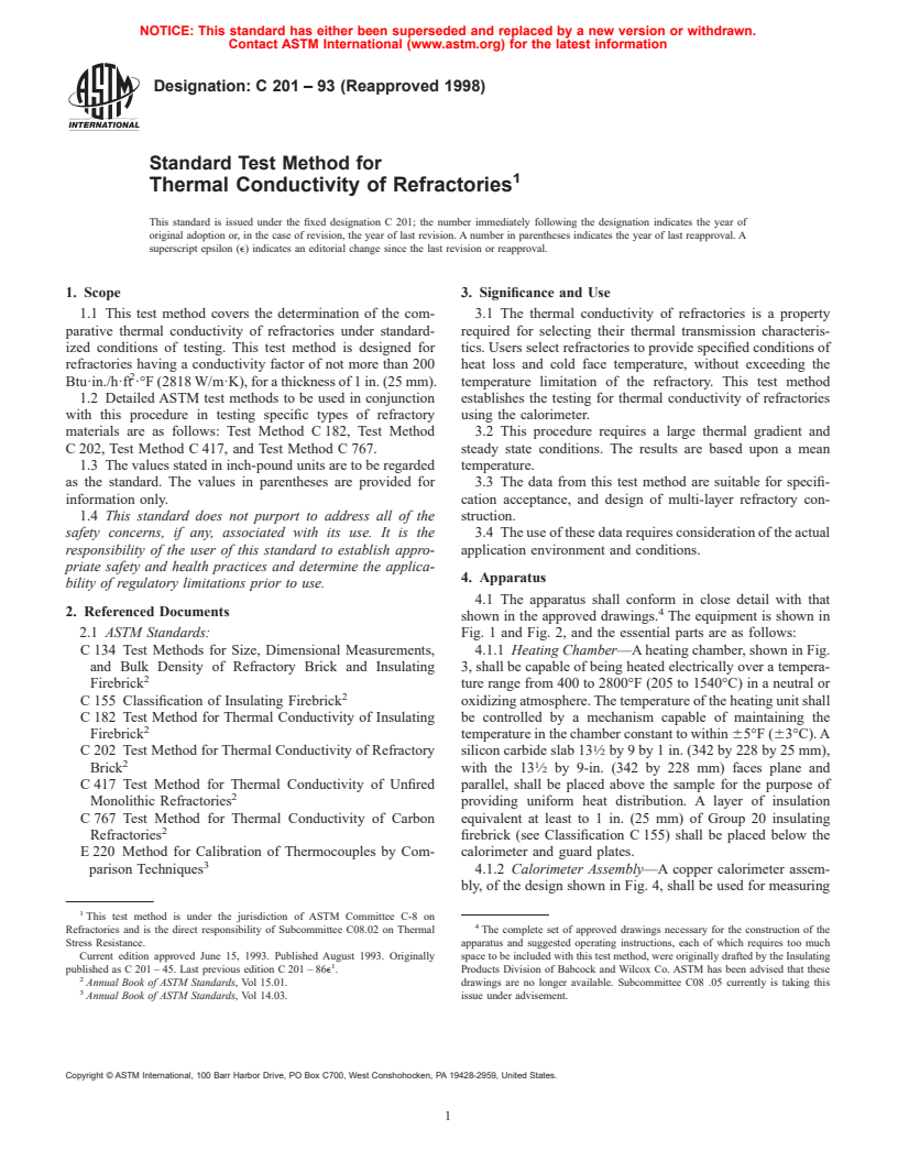 ASTM C201-93(1998) - Standard Test Method for Thermal Conductivity of Refractories