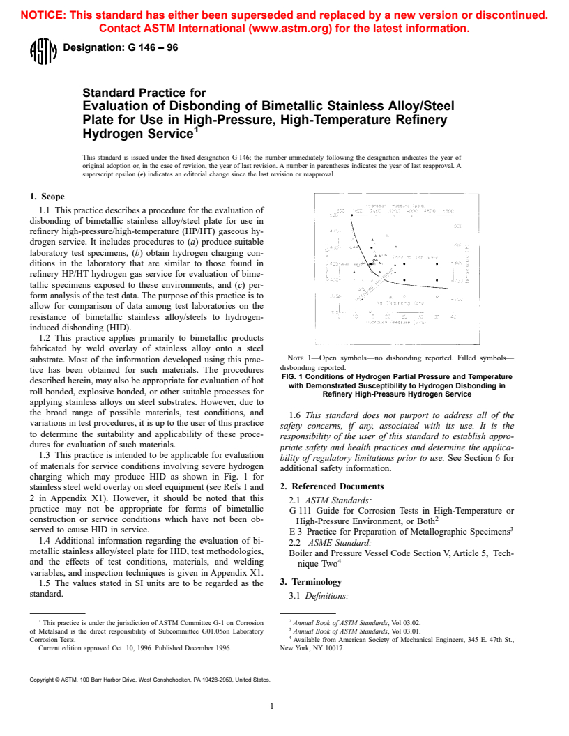 ASTM G146-96 - Standard Practice for Evaluation of Disbonding of Bimetallic Stainless Alloy/Steel Plate for Use in High-Pressure, High-Temperature Refinery Hydrogen Service