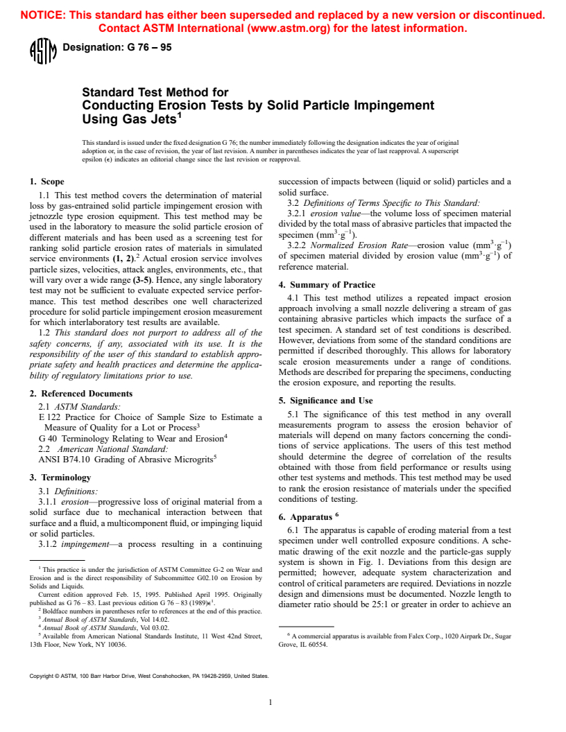 ASTM G76-95 - Standard Test Method for Conducting Erosion Tests by Solid Particle Impingement Using Gas Jets