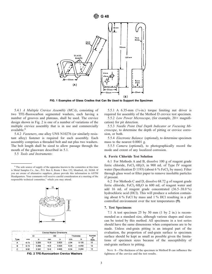 ASTM G48-99A - Standard Test Methods for Pitting and Crevice Corrosion Resistance of Stainless Steels and Related Alloys by Use of Ferric Chloride Solution