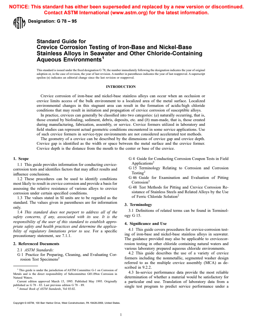 ASTM G78-95 - Standard Guide for Crevice Corrosion Testing of Iron-Base and Nickel-Base Stainless Alloys in Seawater and Other Chloride-Containing Aqueous Environments