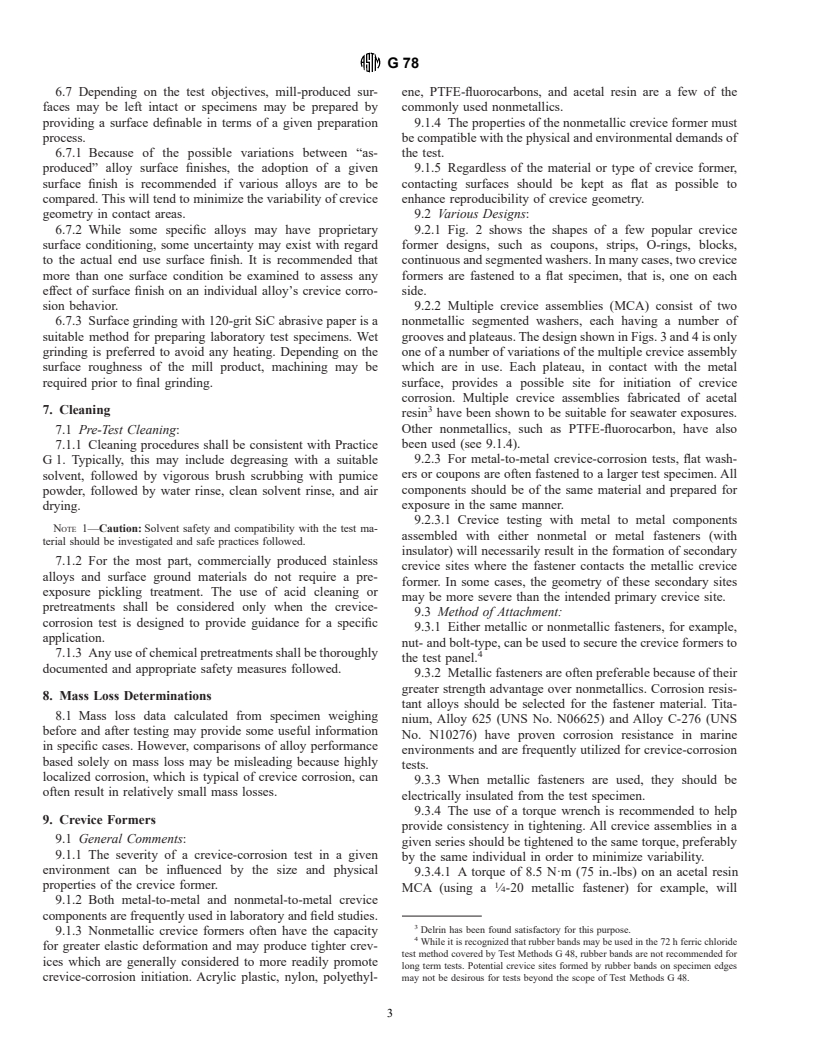 ASTM G78-95 - Standard Guide for Crevice Corrosion Testing of Iron-Base and Nickel-Base Stainless Alloys in Seawater and Other Chloride-Containing Aqueous Environments