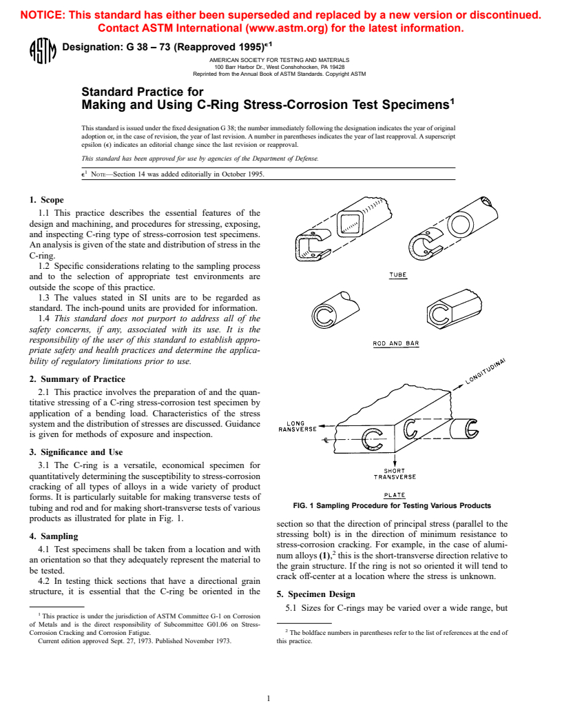 ASTM G38-73(1995)E1 - Standard Practice for Making and Using C-Ring Stress-Corrosion Test Specimens