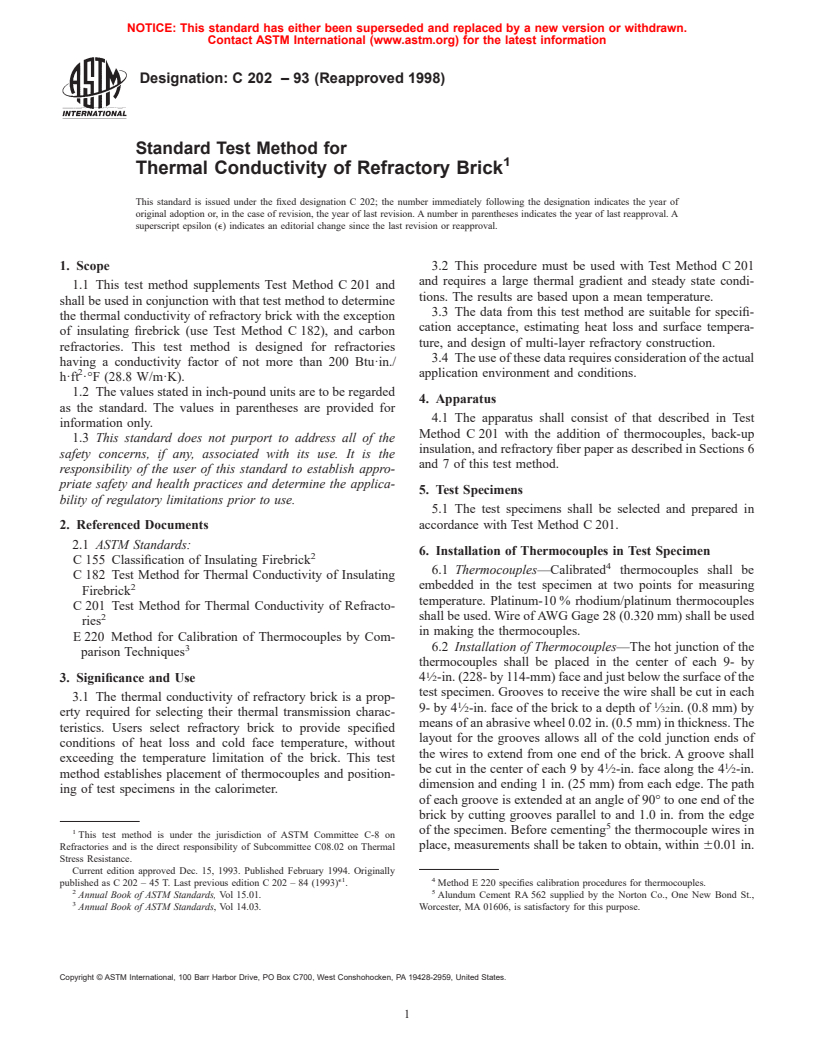 ASTM C202-93(1998) - Standard Test Method for Thermal Conductivity of Refractory Brick