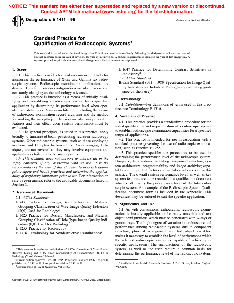 ASTM E1411-95 - Standard Practice for Qualification of Radioscopic Systems