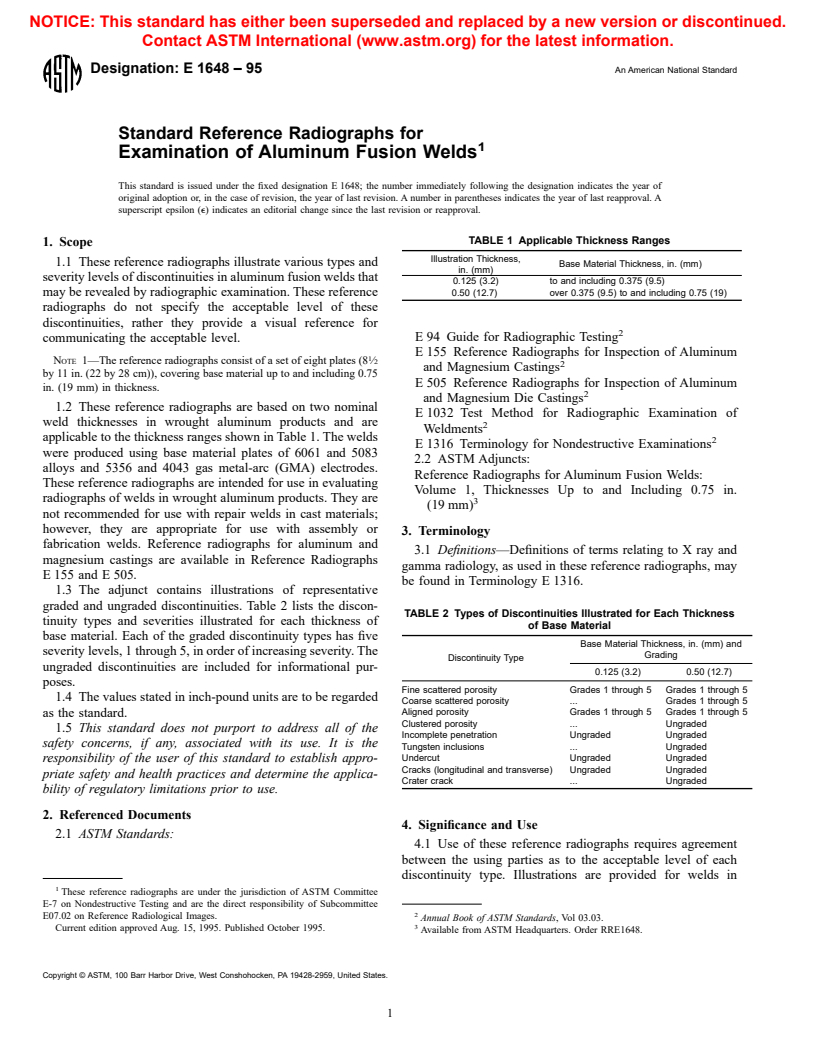 ASTM E1648-95 - Standard Reference Radiographs for Examination of Aluminum Fusion Welds