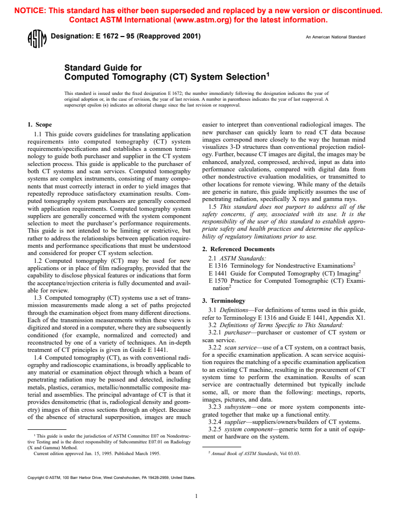 ASTM E1672-95(2001) - Standard Guide for Computed Tomography (CT) System Selection