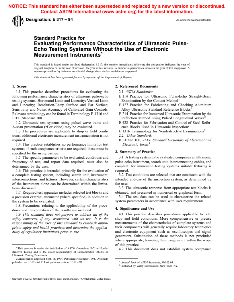 ASTM E317-94 - Standard Practice for Evaluating Performance Characteristics of Ultrasonic Pulse- Echo Examination Instruments and Systems Without the Use of Electronic Measurement Instruments