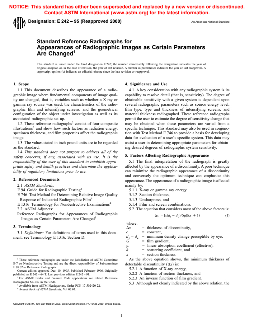 ASTM E242-95(2000) - Standard Reference Radiographs for Appearances of Radiographic Images as Certain Parameters Are Changed