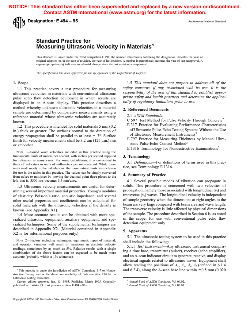 ASTM E494-95 - Standard Practice for Measuring Ultrasonic Velocity in Materials