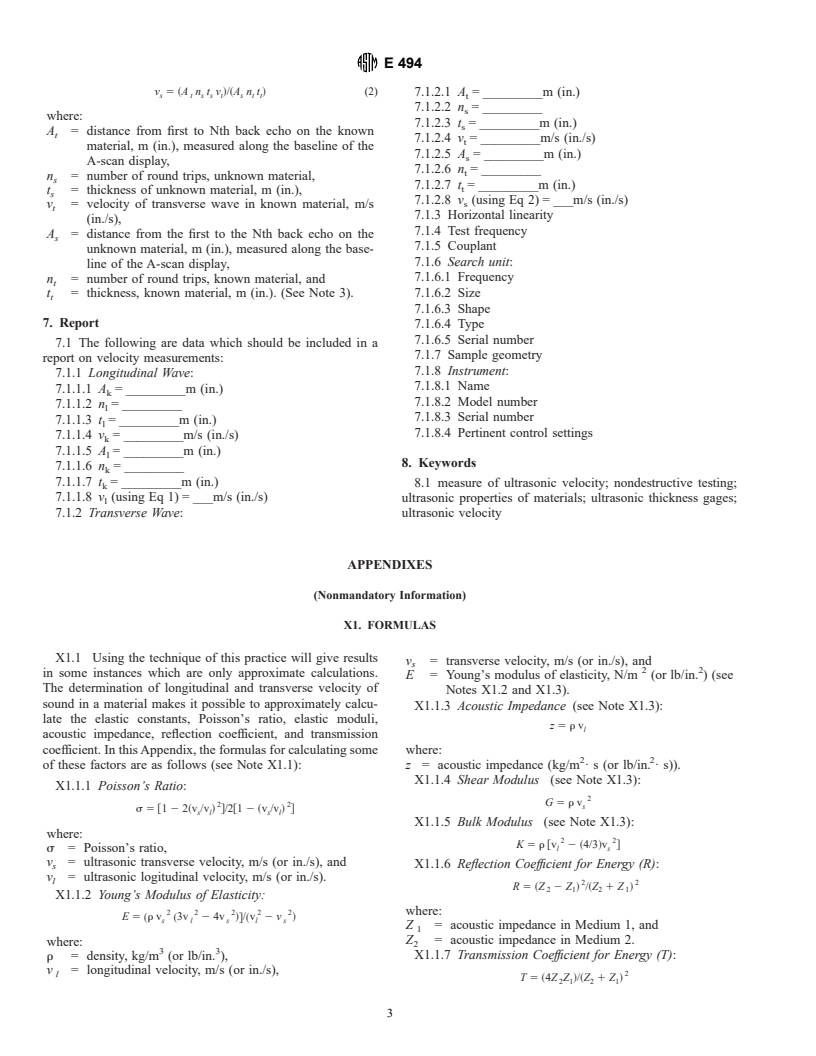 ASTM E494-95 - Standard Practice for Measuring Ultrasonic Velocity in Materials