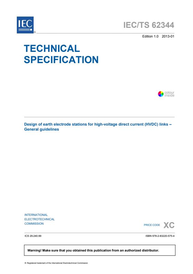 IEC TS 62344:2013 - Design of earth electrode stations for high-voltage direct current (HVDC) links - General guidelines