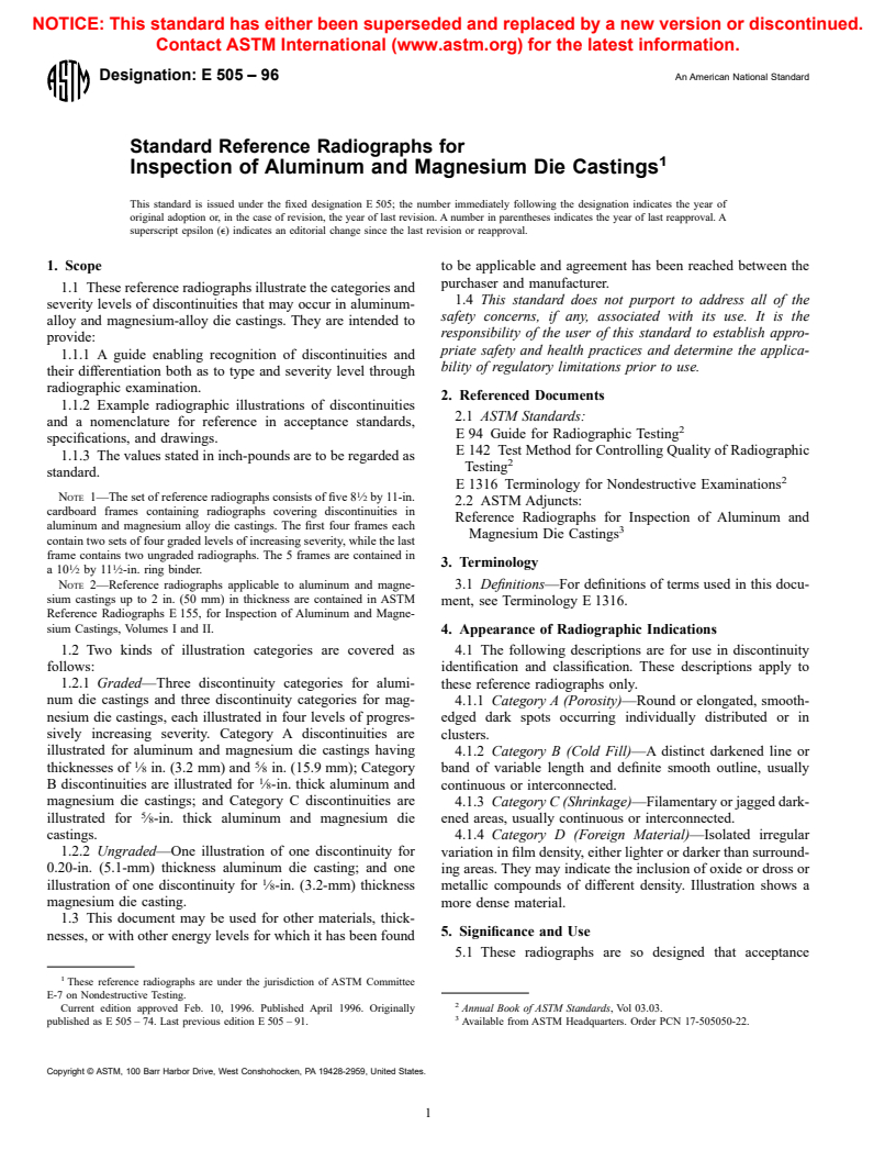 ASTM E505-96 - Standard Reference Radiographs for Inspection of Aluminum and Magnesium Die Castings