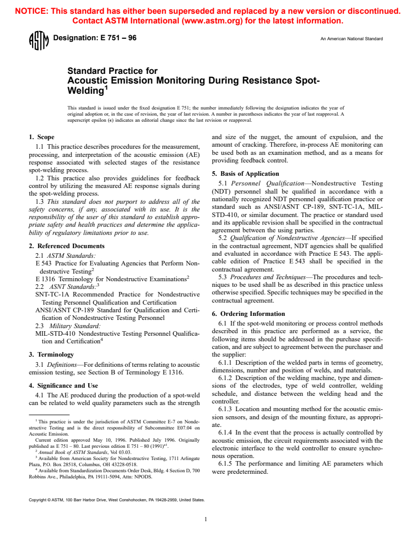 ASTM E751-96 - Standard Practice for Acoustic Emission Monitoring During Resistance Spot-Welding